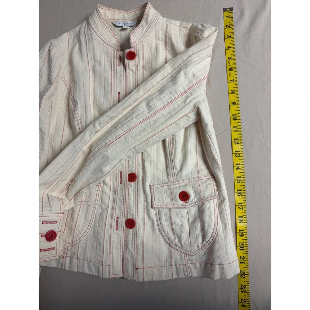 Liquid Cream Red Pinstripe Mandarin Collar Blazer Jacket Womens Size 4 - Picture 3 of 5